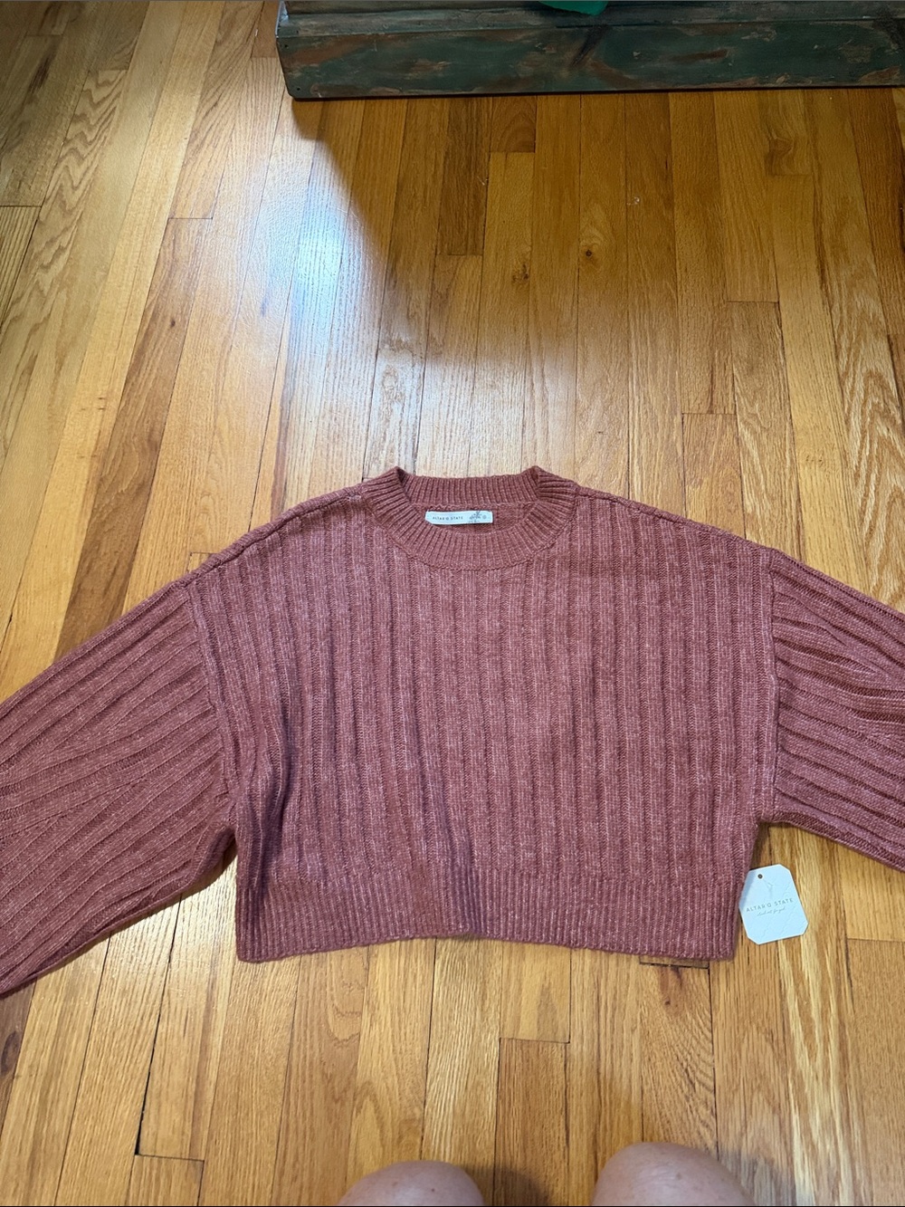 Altar’d State Cropped Ribbed Crewneck Sweater , Marled Burgundy, NWT Size Small